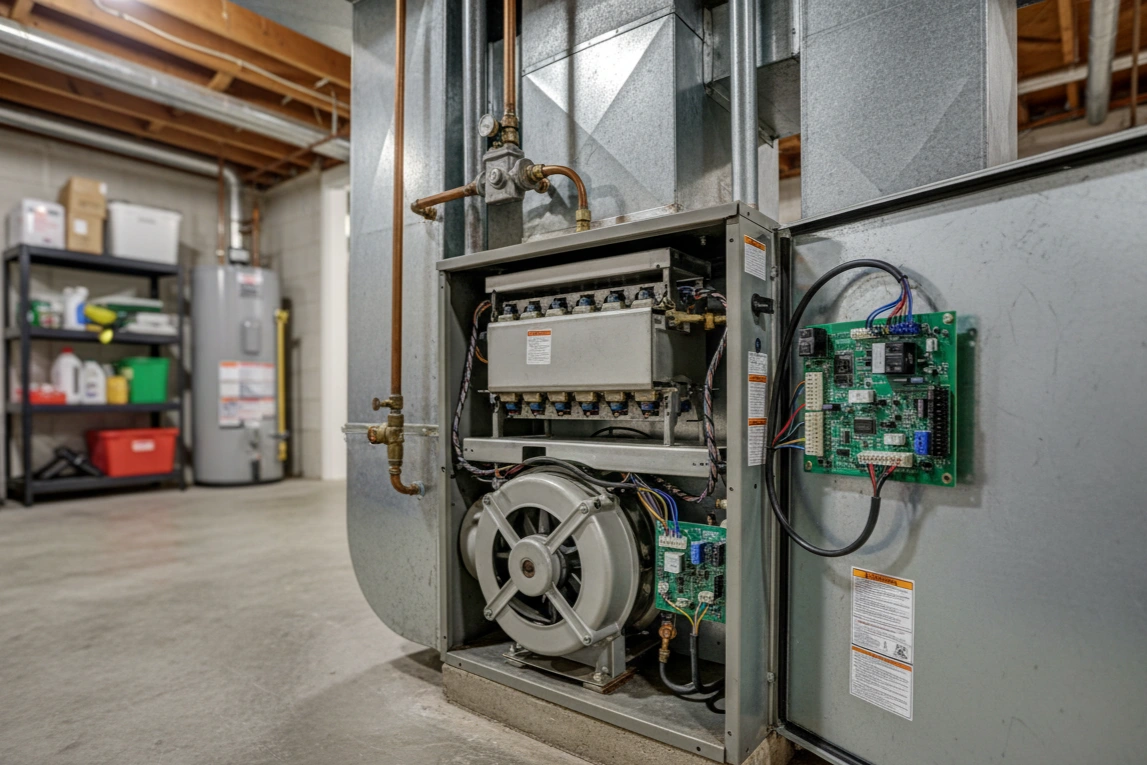 The clean interior of a newly installed furnace in a Phoenix home.