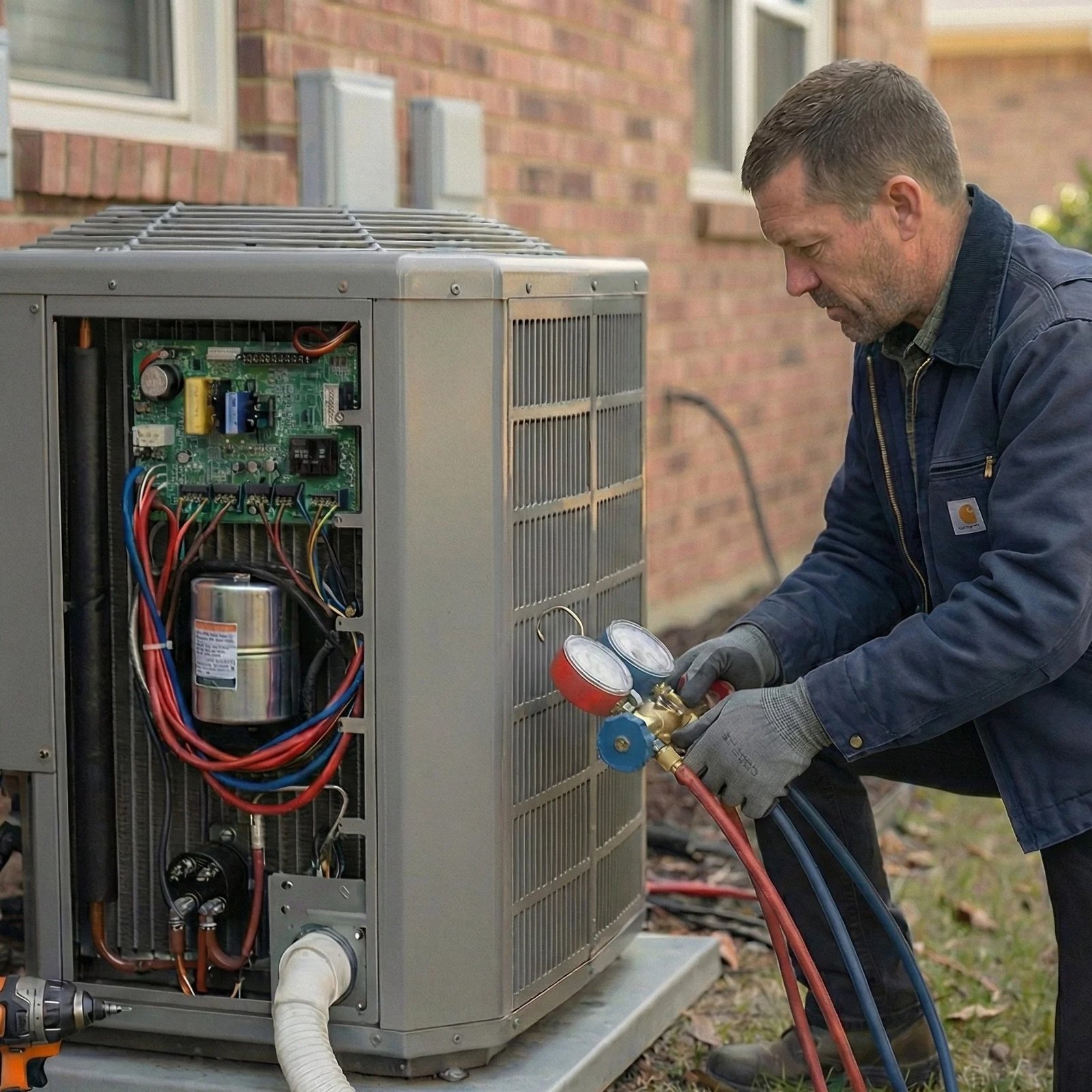 An AC TO THE MAX, INC technician services an outdoor compressor unit beside a house in Phoenix.