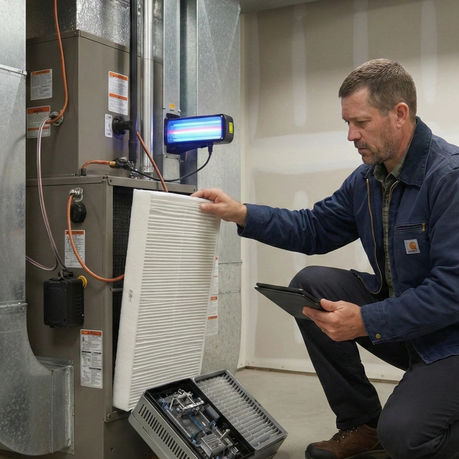 AC TO THE MAX, INC technician evaluating home air quality during a service visit.